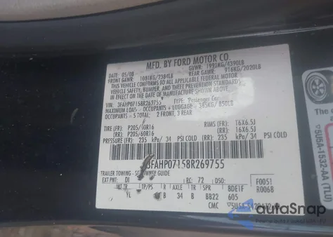 2008 Ford Fusion Se z USA, uszkodzony, nr VIN 3FAHP07158R269755